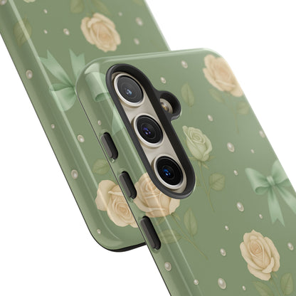 Vintage Rose Bow Phone Case – Sage Green Floral Coquette Aesthetic Tough Case (iPhone, Samsung, Pixel)
