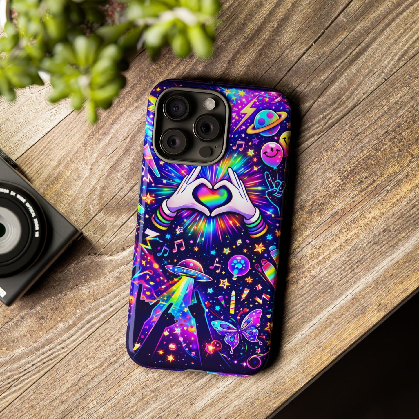 Rainbow Heart Hands Phone Case – Neon Galaxy EDM Festival Tough Cover