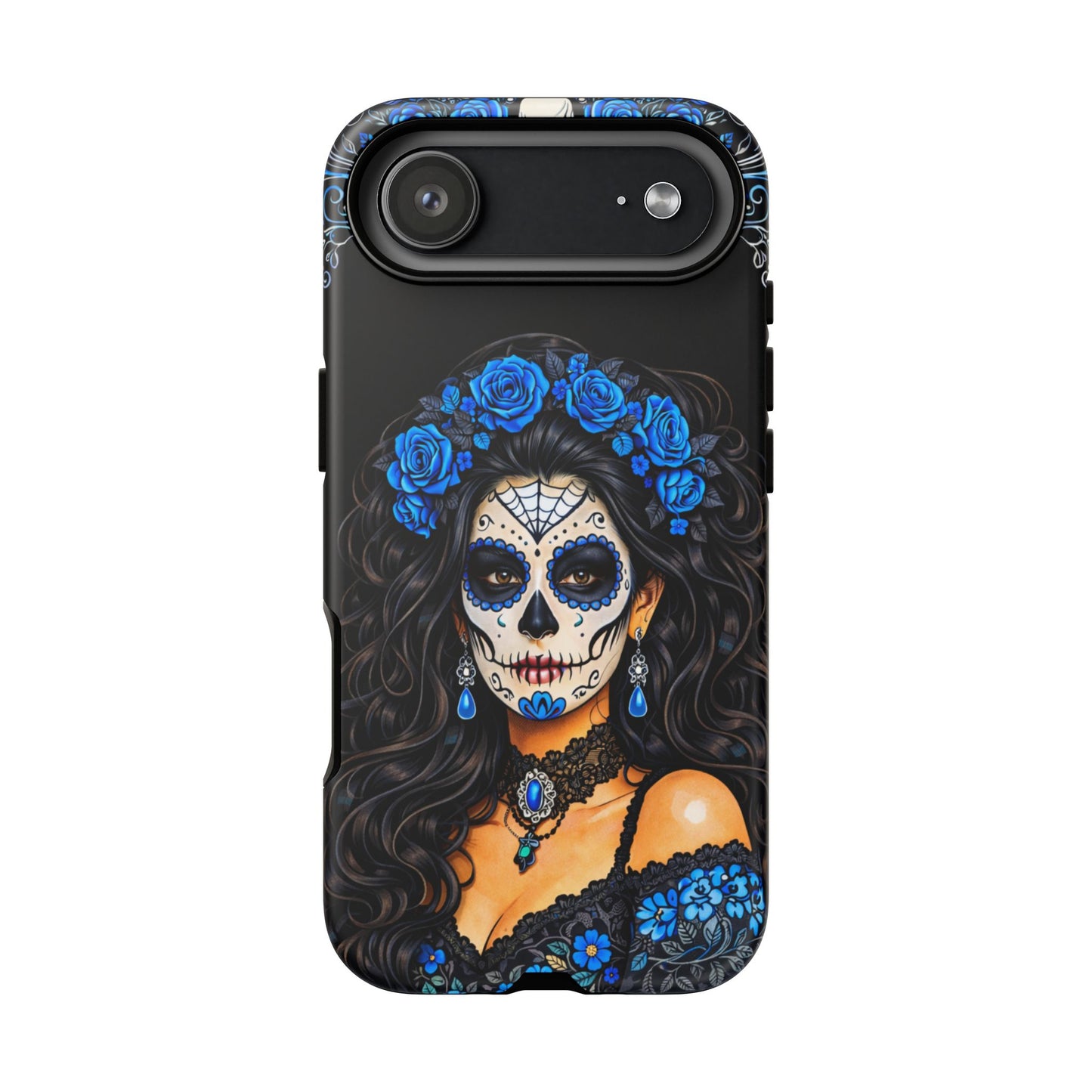 Blue Sugar Skull Woman Phone Case – Day of the Dead Aesthetic Tough Cover
