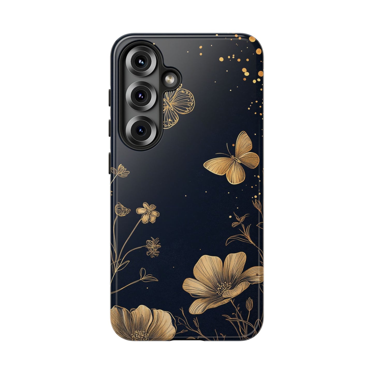 Gold Floral Butterfly Phone Case, Dark Aesthetic Botanical, Elegant Black Luxury iPhone Samsung Cover