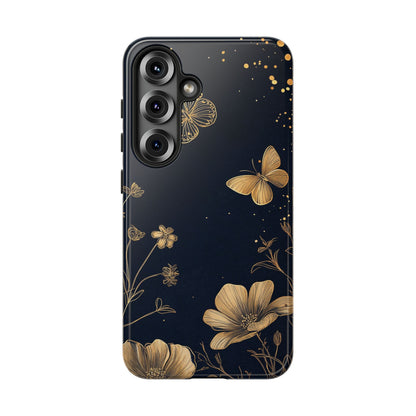 Gold Floral Butterfly Phone Case, Dark Aesthetic Botanical, Elegant Black Luxury iPhone Samsung Cover