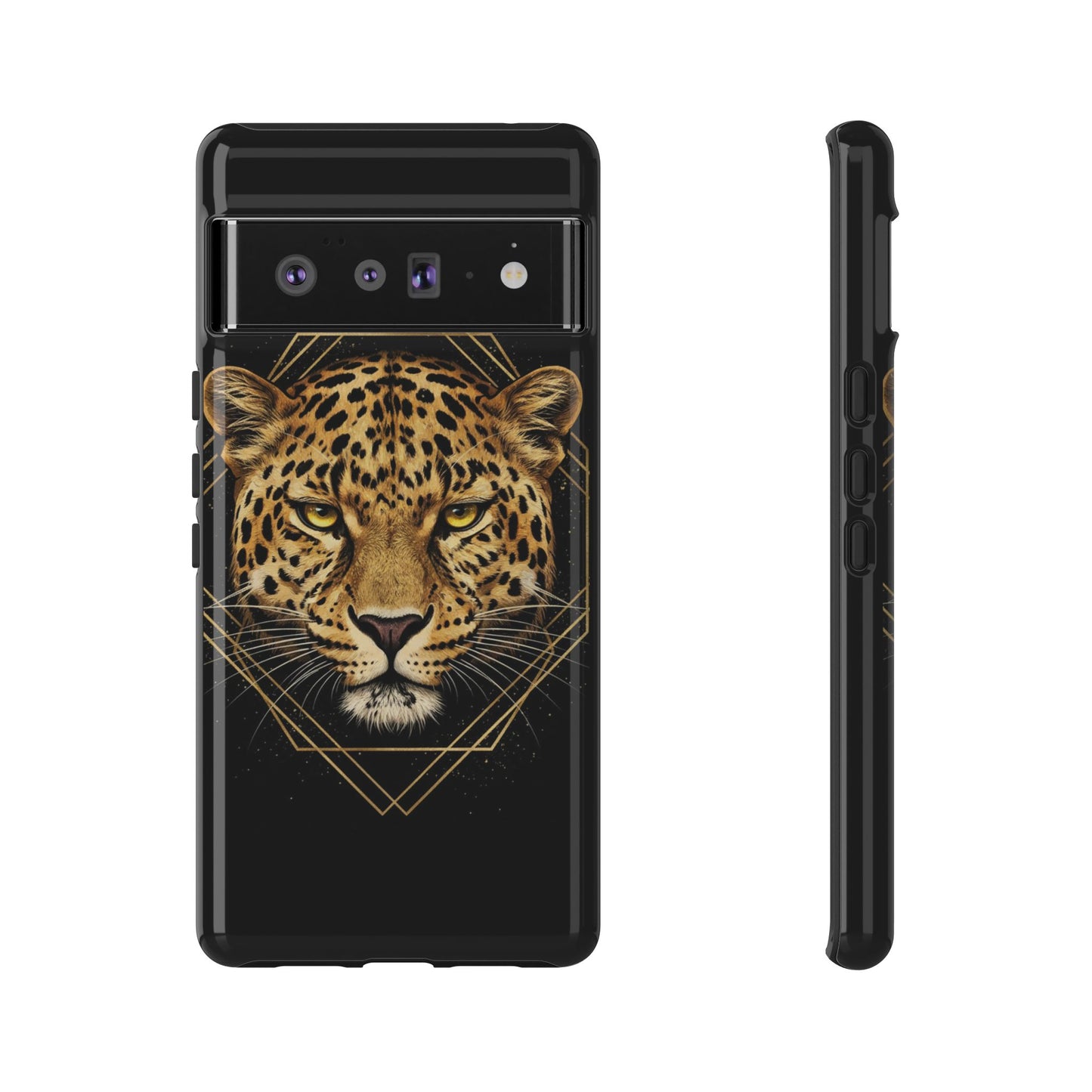 Leopard Head Geometric Phone Case – Black & Gold Luxe Tough Case