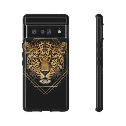 Leopard Head Geometric Phone Case – Black & Gold Luxe Tough Case