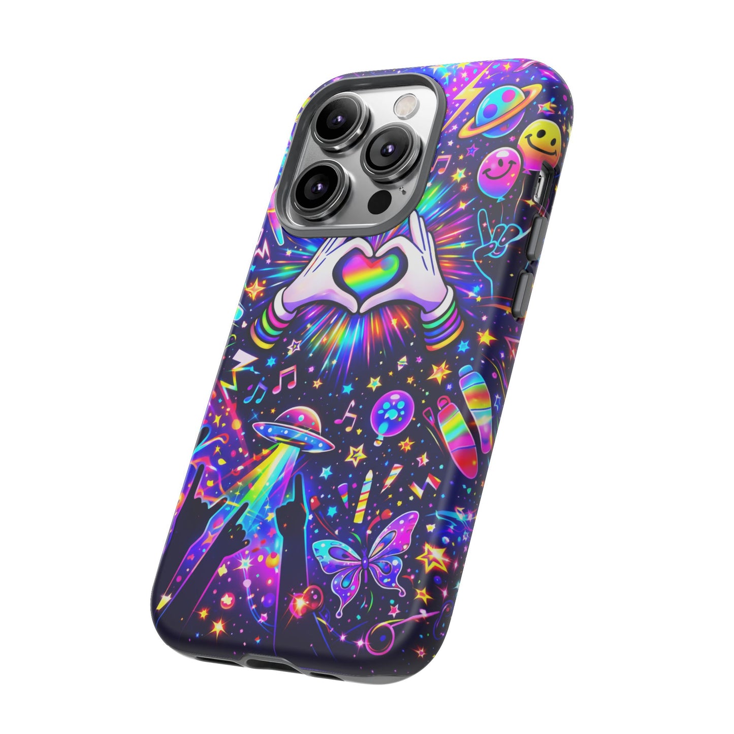 Rainbow Heart Hands Phone Case – Neon Galaxy EDM Festival Tough Cover