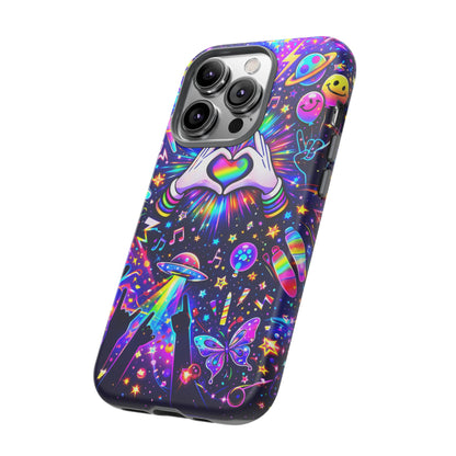 Rainbow Heart Hands Phone Case – Neon Galaxy EDM Festival Tough Cover