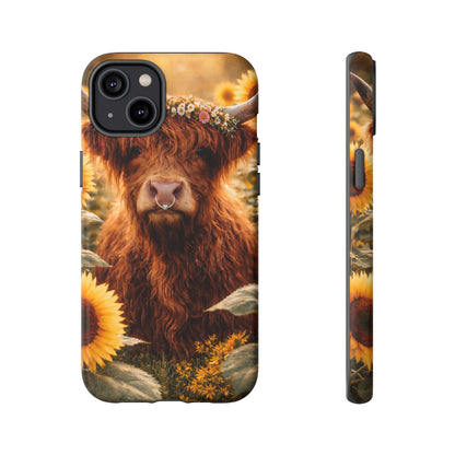 Highland Cow Sunflower Phone Case | Floral Farmhouse iPhone, Samsung Galaxy and Pixel Cover