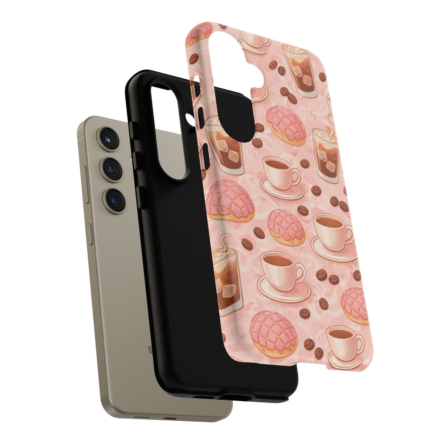 Cute Coffee & Pink Concha Phone Case – Coffee Lover Aesthetic Latte Pattern Tough Case