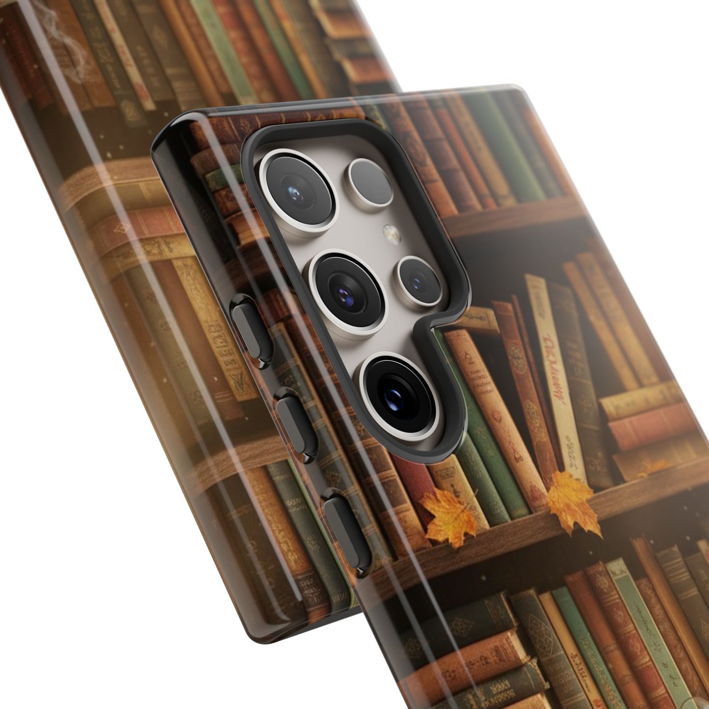 Cozy Vintage Bookshelf Phone Case, Library Aesthetic Book Stack, Autumn Coffee Vibes (iPhone, Samsung, Pixel)