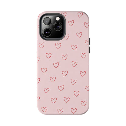 Pink Doodle Hearts Phone Case | Minimal Cute Heart Pattern Tough Case