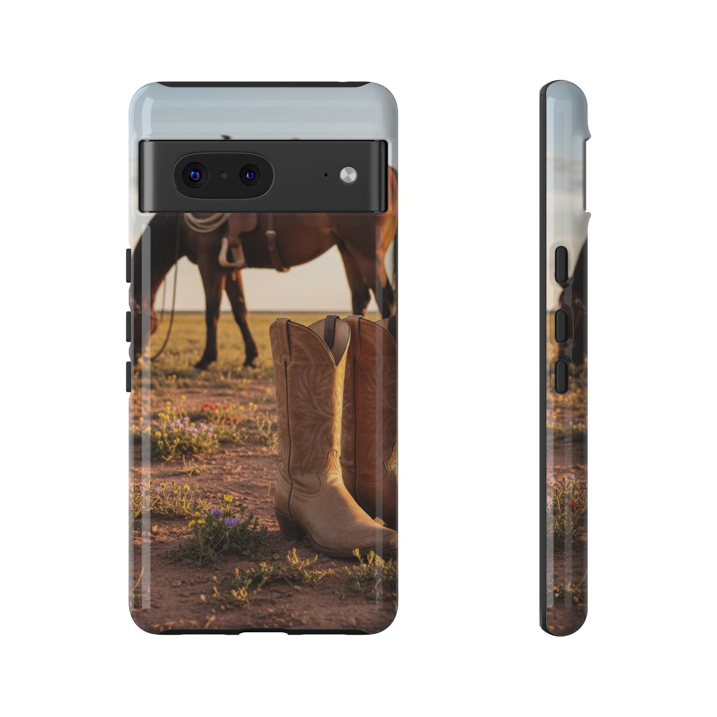 Western Cowboy Boots Phone Case – Rustic Horse Sunset Tough Case (iPhone, Samsung, Pixel)