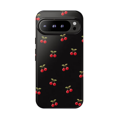 Cherry Pattern Phone Case — Slim Black Protective iPhone Case with Red Cherries for Iphone, Samsung Galaxy and Pixel