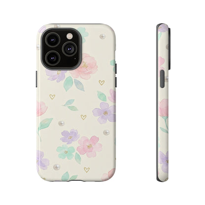 Pastel Floral Phone Case – Coquette Watercolor Flower Hearts Tough Case (iPhone, Samsung, Pixel)