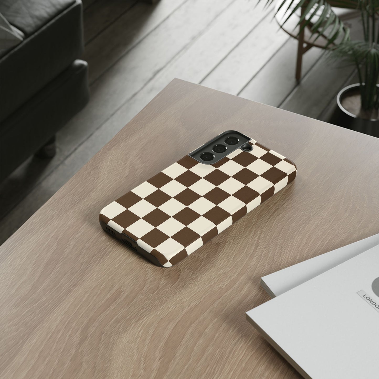 Mocha Checkerboard Phone Case | Neutral Aesthetic Checkered iPhone & Samsung Tough Case