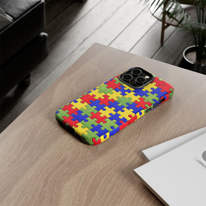 Colorful Puzzle Phone Case, Autism Awareness Jigsaw Design, Tough Protective Case, iPhone & Samsung Case, Vibrant Puzzle Pattern