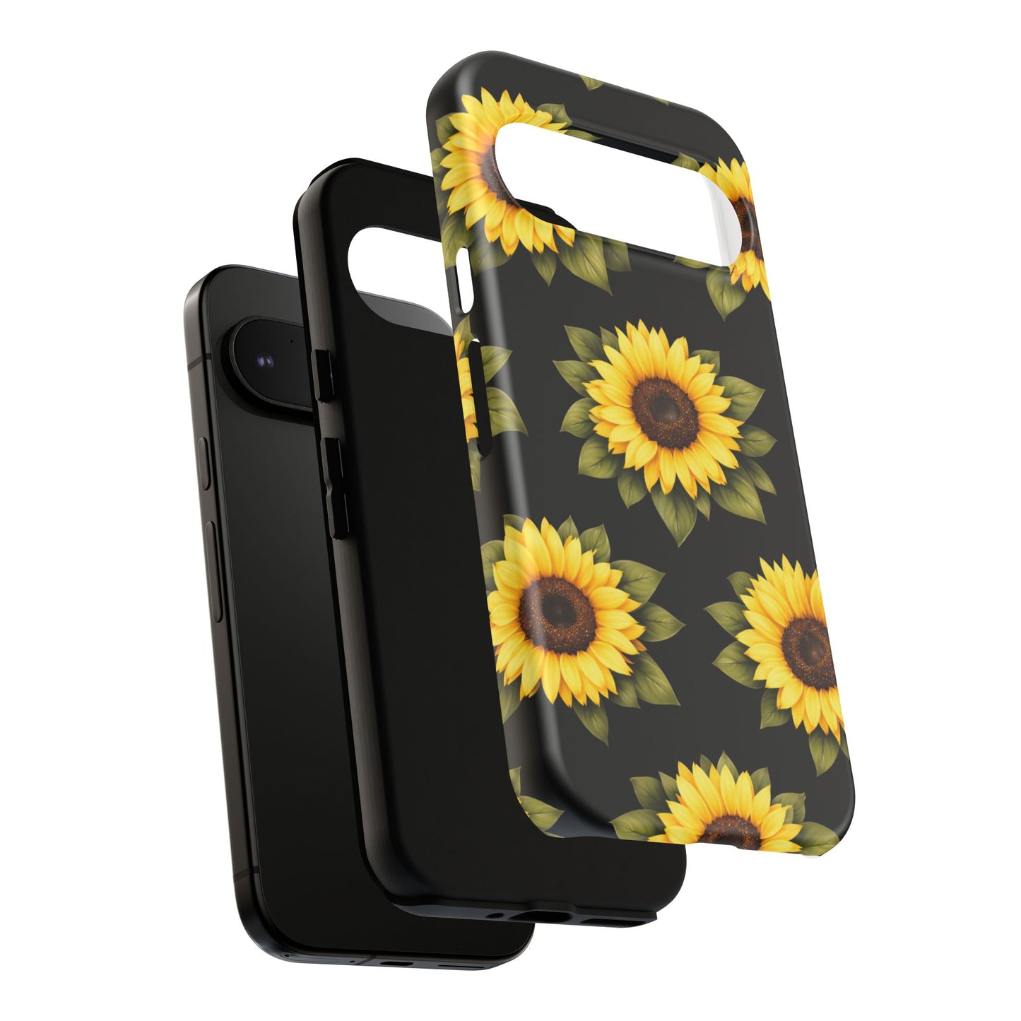 Sunflower Floral Tough Phone Case – Black Background Protective Cover for Iphone, Samsung Galaxy and Pixel