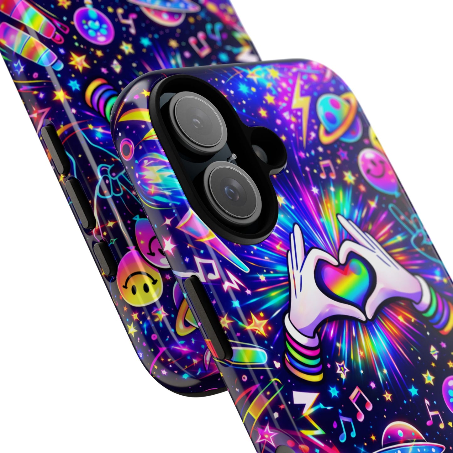 Rainbow Heart Hands Phone Case – Neon Galaxy EDM Festival Tough Cover