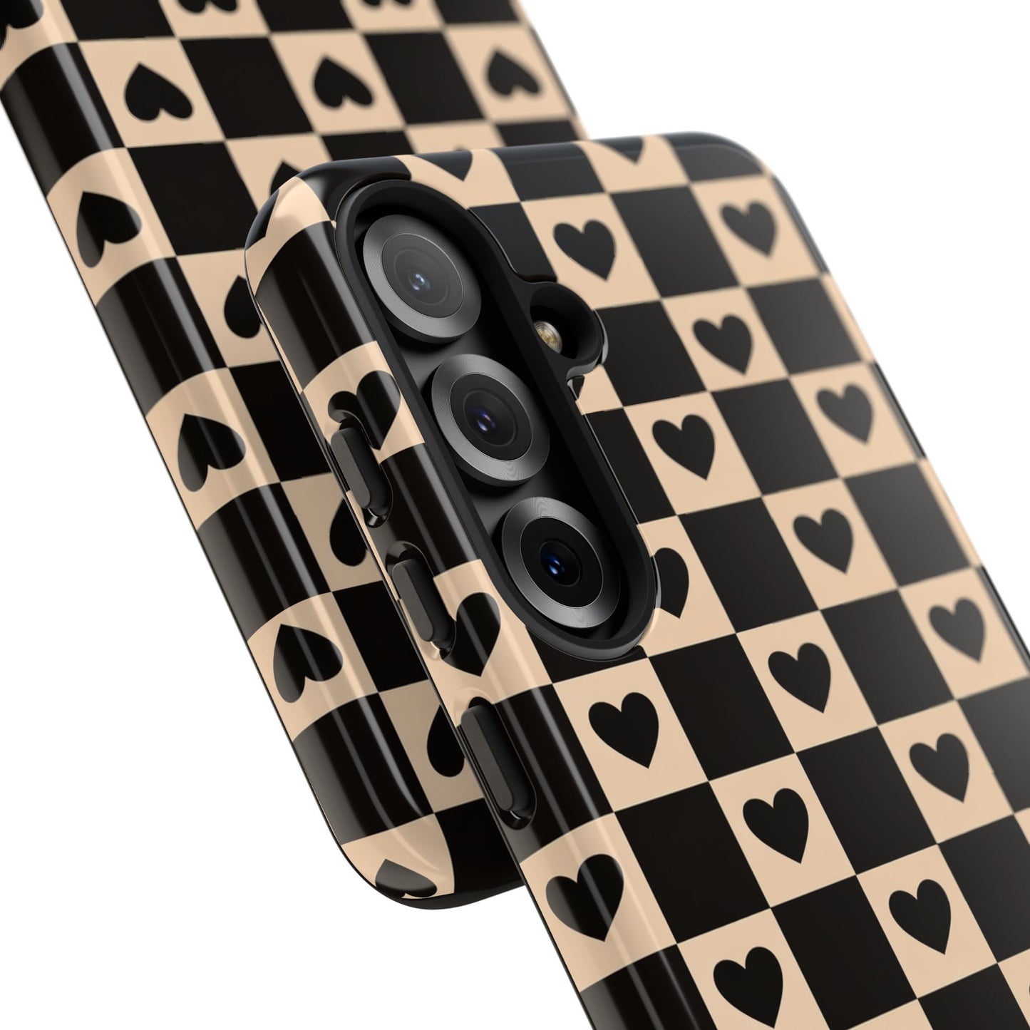 Checkerboard Heart Phone Case – Black & Beige Cute Aesthetic Protective Cover for Iphone, Samsung Galaxy and Pixel