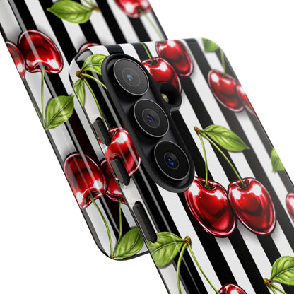 Cherry Pattern Phone Case Black White Stripe Retro Aesthetic Tough Cover
