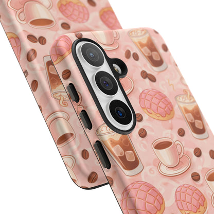 Cute Coffee & Pink Concha Phone Case – Coffee Lover Aesthetic Latte Pattern Tough Case