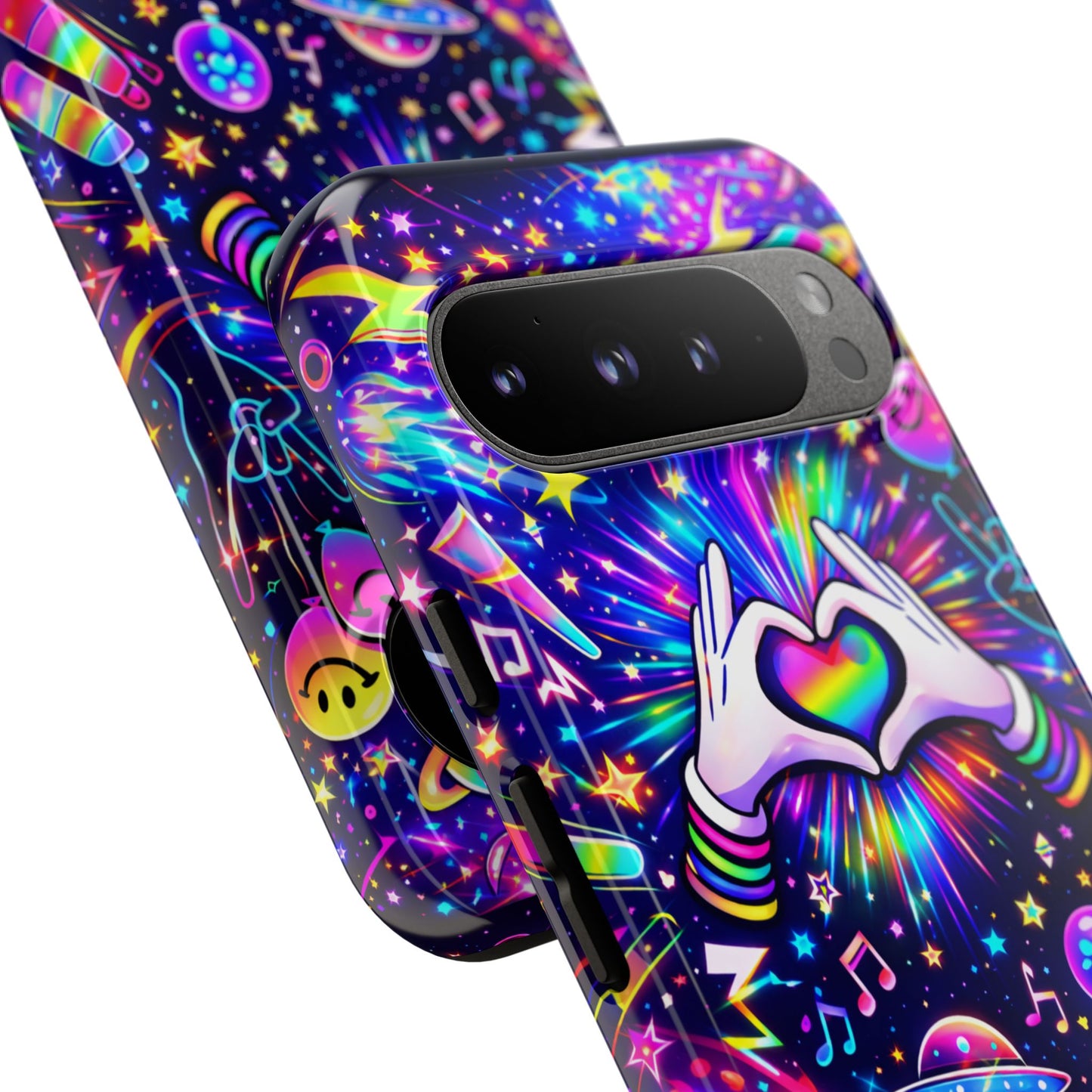 Rainbow Heart Hands Phone Case – Neon Galaxy EDM Festival Tough Cover