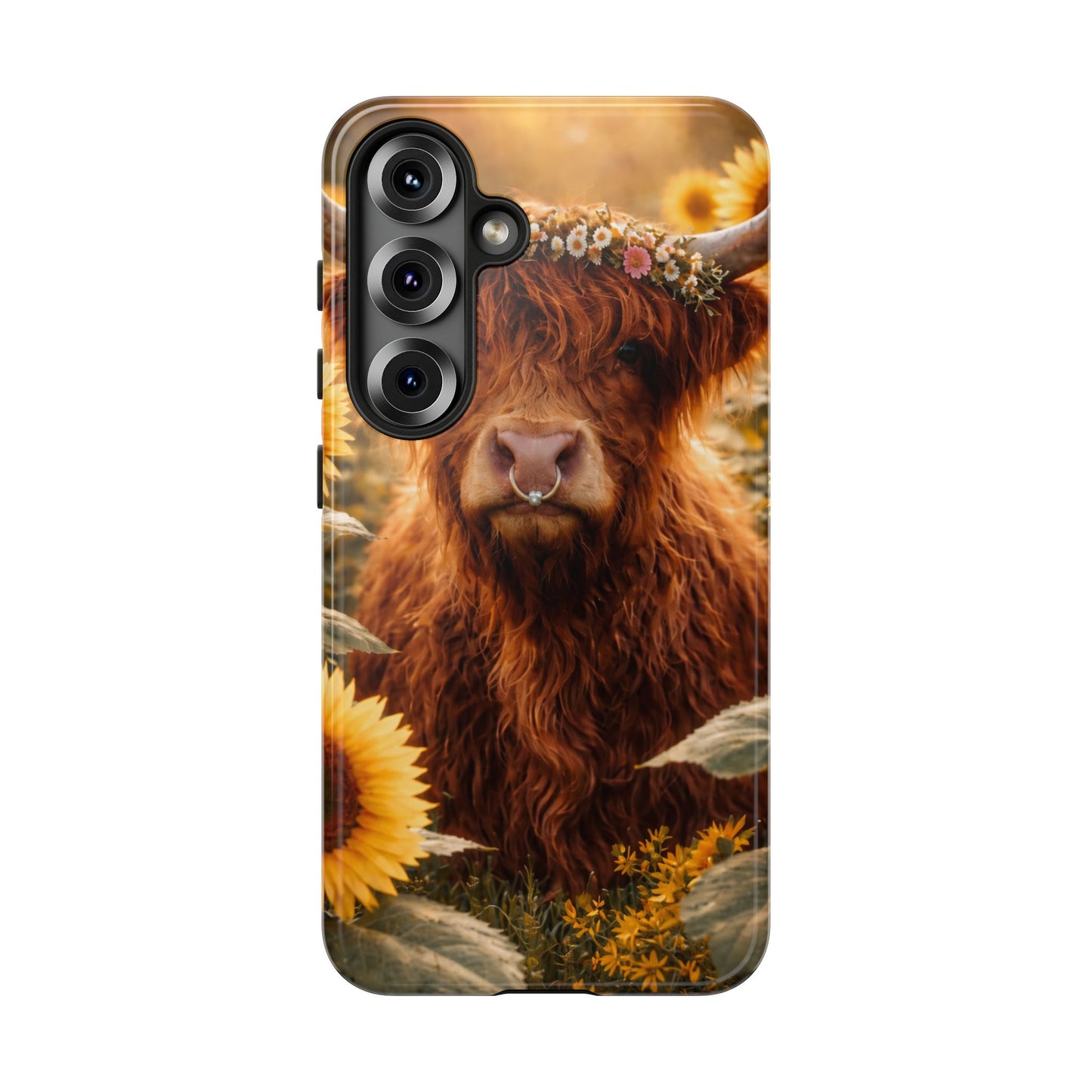 Highland Cow Sunflower Phone Case | Floral Farmhouse iPhone, Samsung Galaxy and Pixel Cover