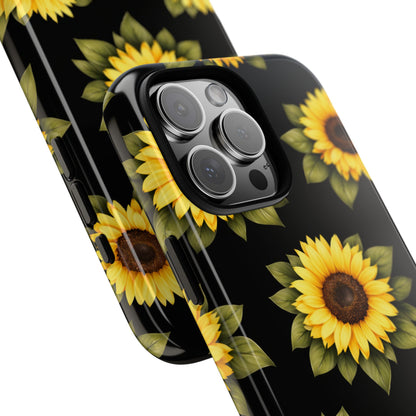 Sunflower Floral Tough Phone Case – Black Background Protective Cover for Iphone, Samsung Galaxy and Pixel