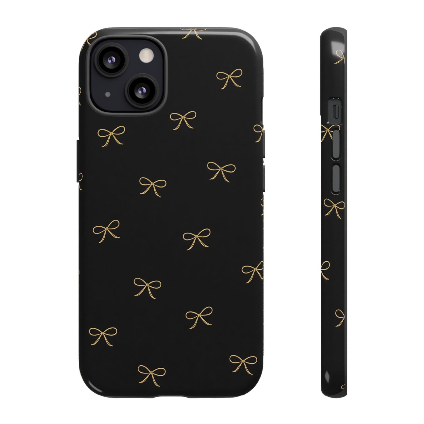 Black Phone Case with Gold Bow Pattern – Slim Protective Cute Aesthetic Cover for Iphone, Samsung Galaxy and Pixel