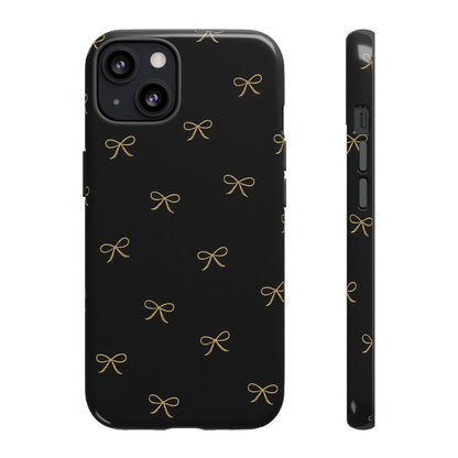 Black Phone Case with Gold Bow Pattern – Slim Protective Cute Aesthetic Cover for Iphone, Samsung Galaxy and Pixel