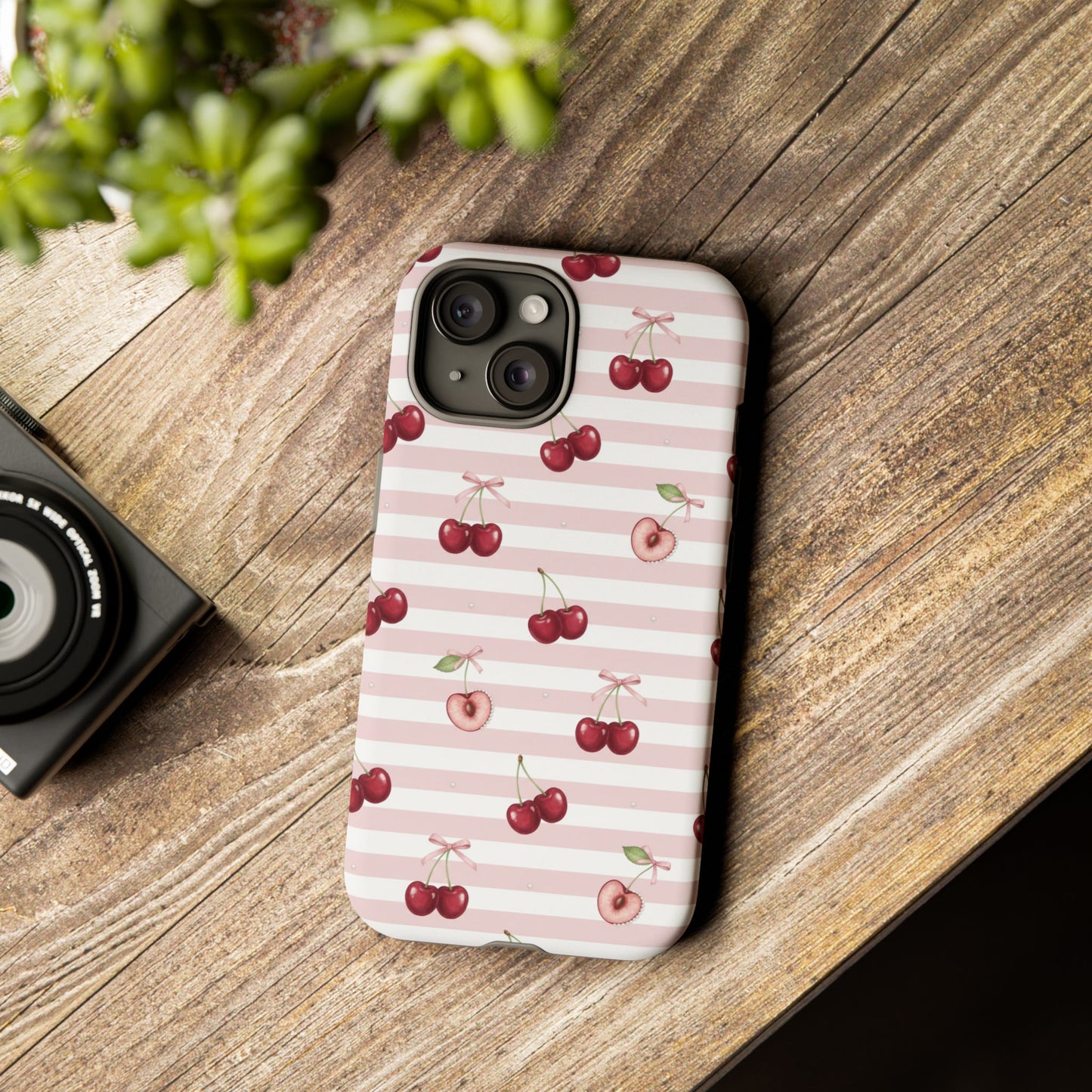 Pink Cherry Stripe Phone Case | Cute Coquette Aesthetic Protective Tough Case