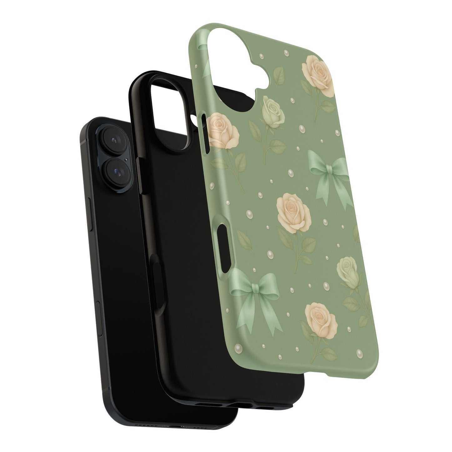 Vintage Rose Bow Phone Case – Sage Green Floral Coquette Aesthetic Tough Case (iPhone, Samsung, Pixel)