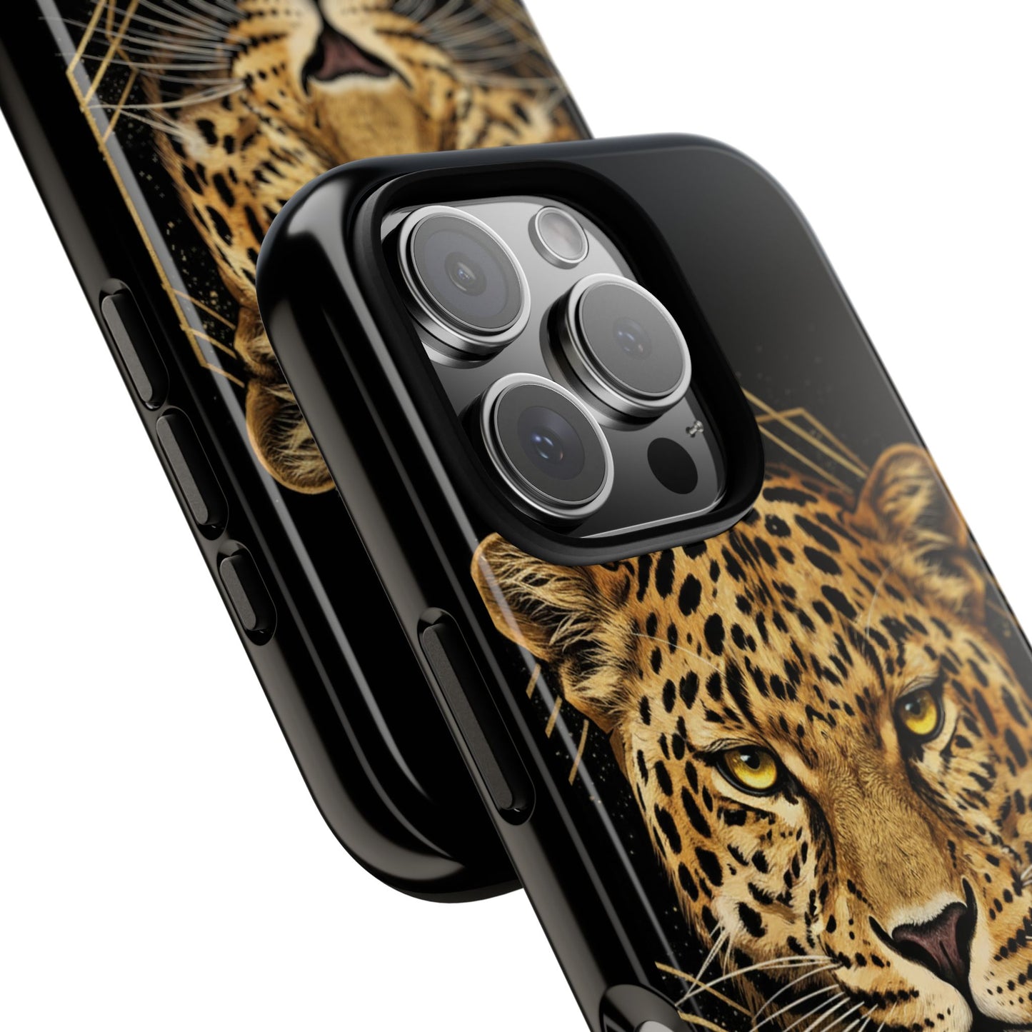 Leopard Head Geometric Phone Case – Black & Gold Luxe Tough Case