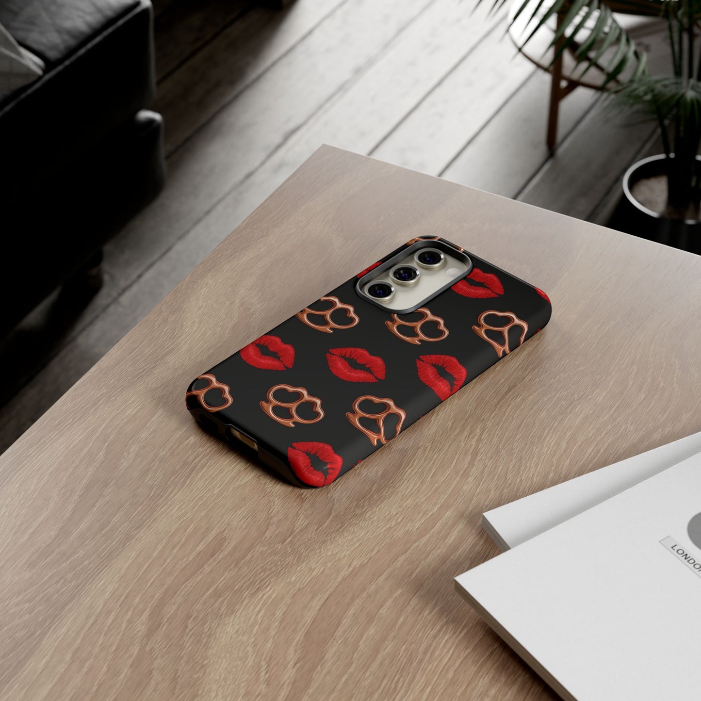 Red Lipstick & Knuckle Duster Phone Case | Bold Kiss Print Tough Protective Cover for Iphone, Samsung Galaxy and Pixel