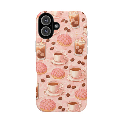 Cute Coffee & Pink Concha Phone Case – Coffee Lover Aesthetic Latte Pattern Tough Case