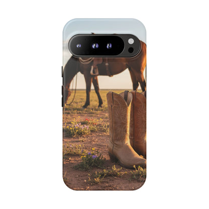 Western Cowboy Boots Phone Case – Rustic Horse Sunset Tough Case (iPhone, Samsung, Pixel)