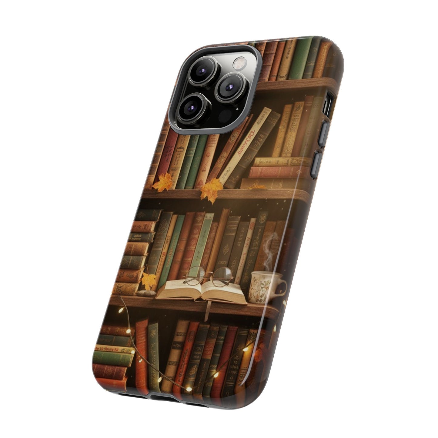 Cozy Vintage Bookshelf Phone Case, Library Aesthetic Book Stack, Autumn Coffee Vibes (iPhone, Samsung, Pixel)