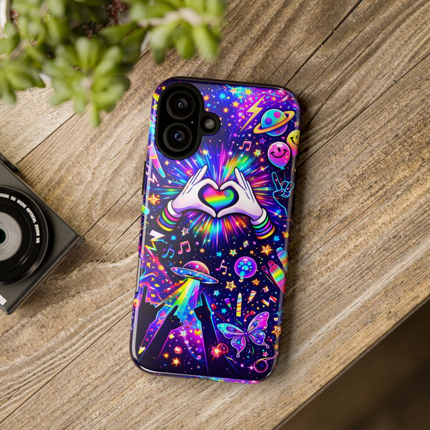 Rainbow Heart Hands Phone Case – Neon Galaxy EDM Festival Tough Cover