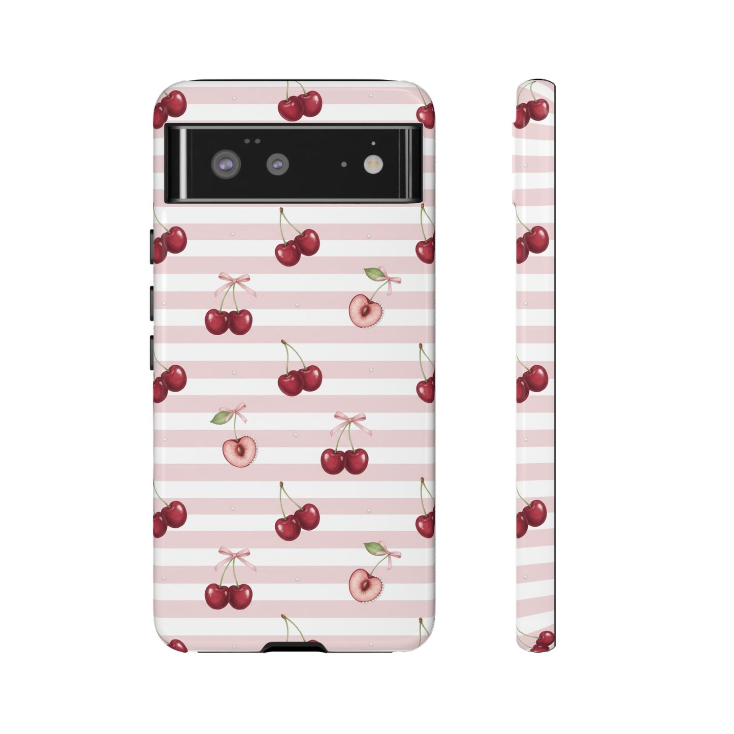 Pink Cherry Stripe Phone Case | Cute Coquette Aesthetic Protective Tough Case