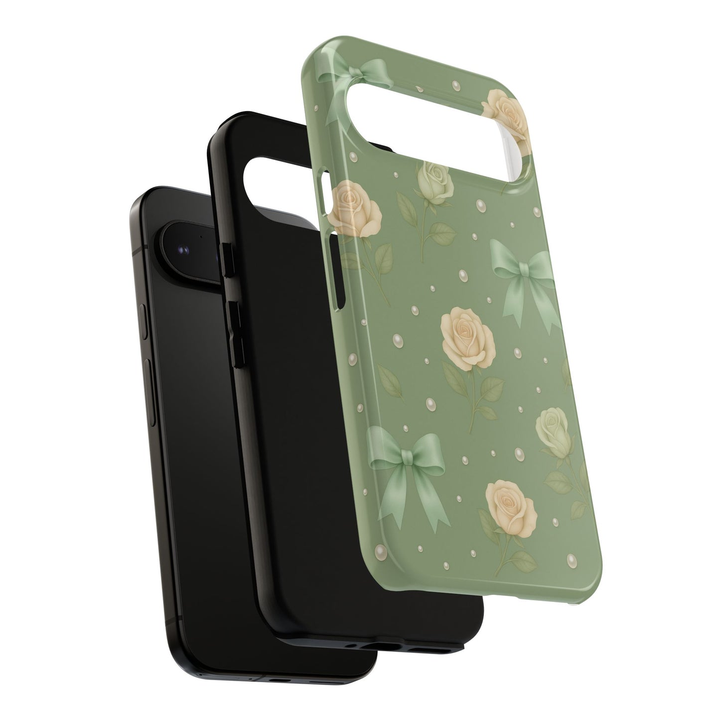 Vintage Rose Bow Phone Case – Sage Green Floral Coquette Aesthetic Tough Case (iPhone, Samsung, Pixel)