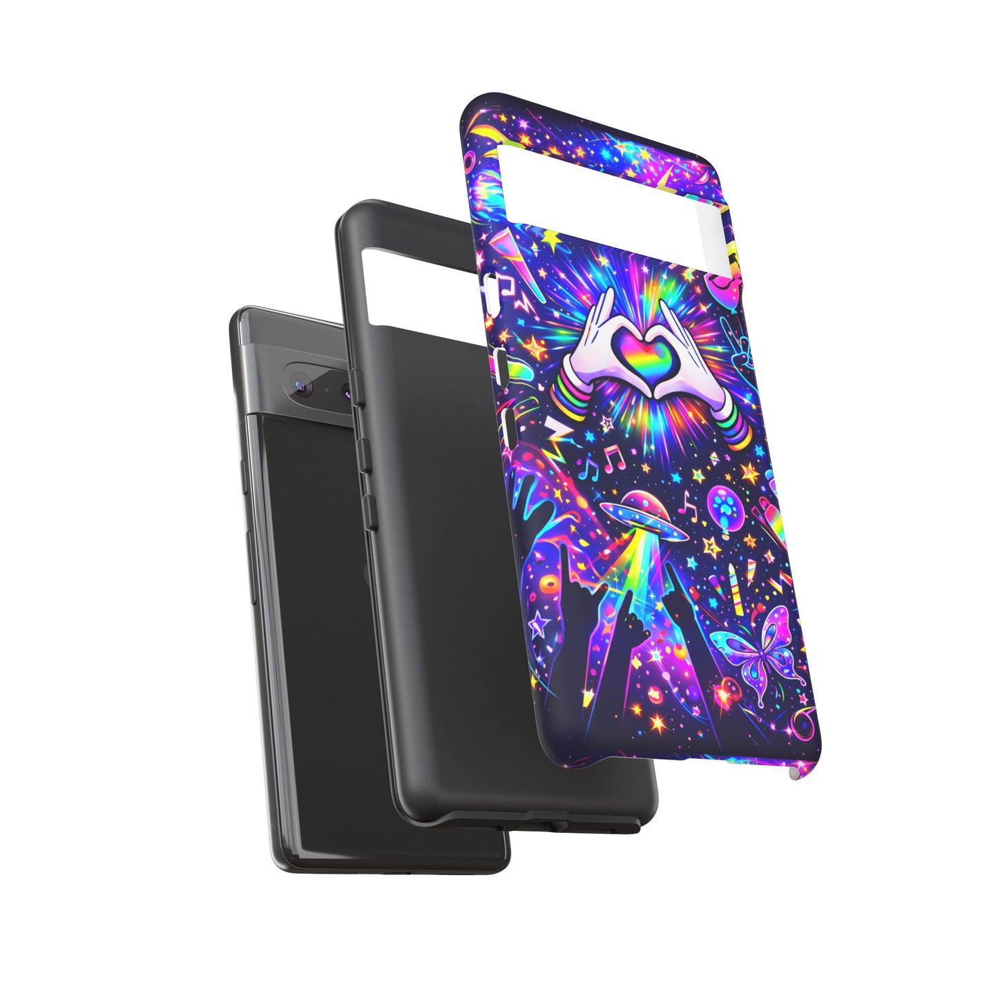 Rainbow Heart Hands Phone Case – Neon Galaxy EDM Festival Tough Cover