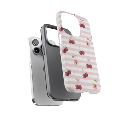 Pink Cherry Stripe Phone Case | Cute Coquette Aesthetic Protective Tough Case