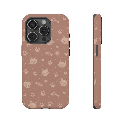 Cute Cat Pattern Phone Case | Paw Prints, Fishbone & Yarn Design Tough Case