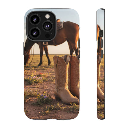 Western Cowboy Boots Phone Case – Rustic Horse Sunset Tough Case (iPhone, Samsung, Pixel)