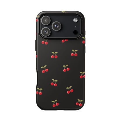Cherry Pattern Phone Case — Slim Black Protective iPhone Case with Red Cherries for Iphone, Samsung Galaxy and Pixel