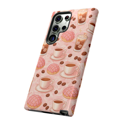 Cute Coffee & Pink Concha Phone Case – Coffee Lover Aesthetic Latte Pattern Tough Case