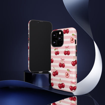 Coquette Cherry Bow Phone Case | Cute Pink Aesthetic Cherry Pattern Tough Case for iPhone & Samsung