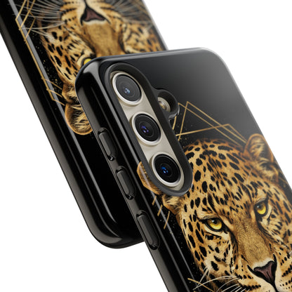 Leopard Head Geometric Phone Case – Black & Gold Luxe Tough Case