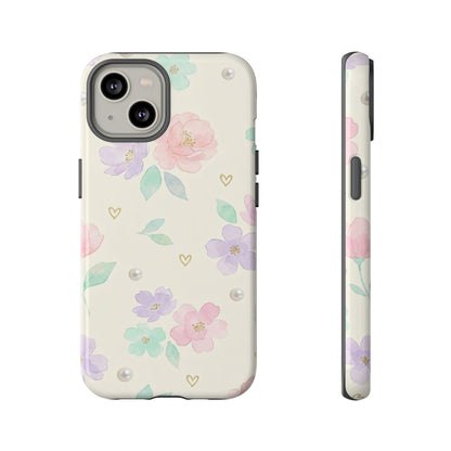Pastel Floral Phone Case – Coquette Watercolor Flower Hearts Tough Case (iPhone, Samsung, Pixel)