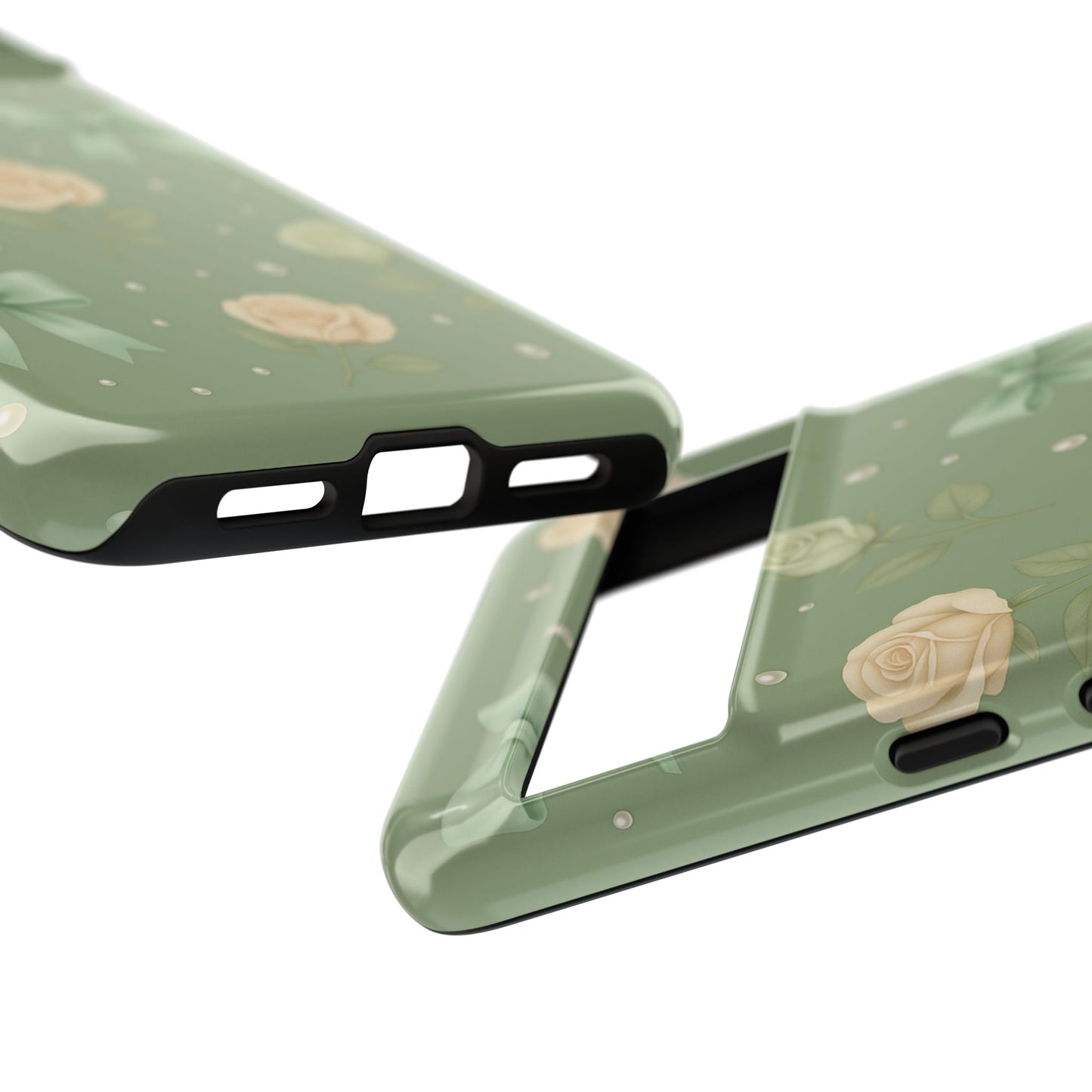 Vintage Rose Bow Phone Case – Sage Green Floral Coquette Aesthetic Tough Case (iPhone, Samsung, Pixel)