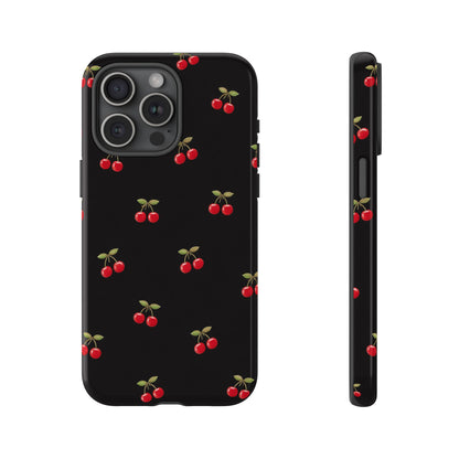 Cherry Pattern Phone Case — Slim Black Protective iPhone Case with Red Cherries for Iphone, Samsung Galaxy and Pixel