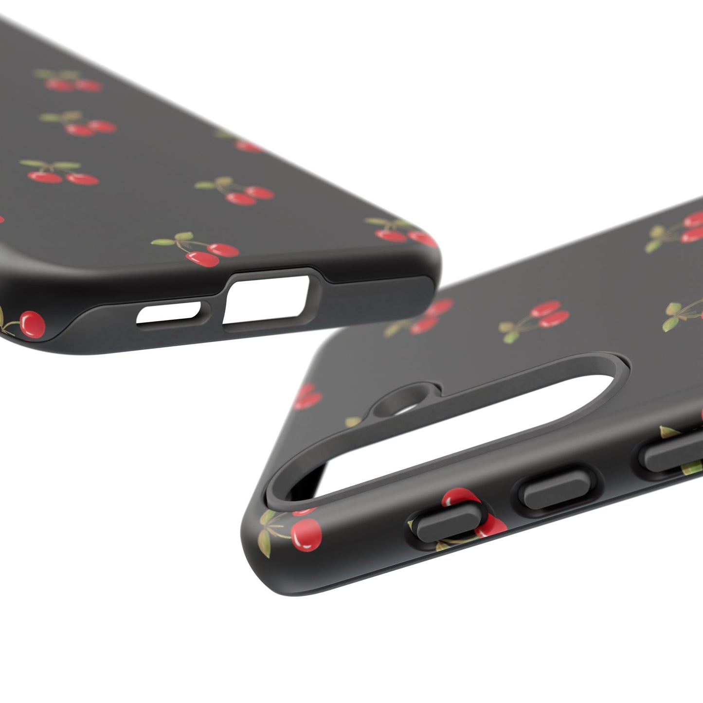 Cherry Pattern Phone Case — Slim Black Protective iPhone Case with Red Cherries for Iphone, Samsung Galaxy and Pixel